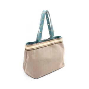 Prada Canvas Tan Green Tote White Logo Bag Beige Leather Jacquard